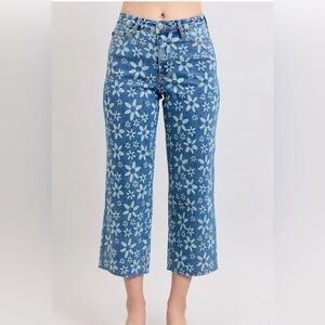 Judy Blue Blue Floral-Print Wide Crop Jeans